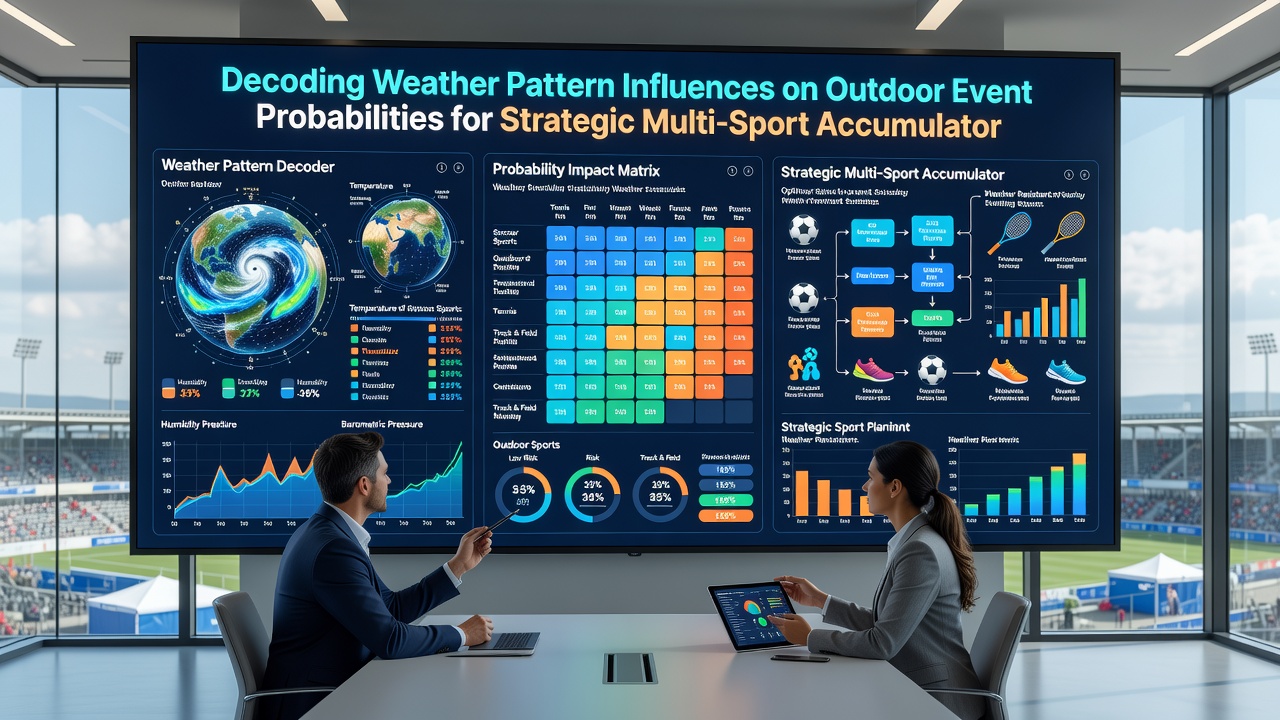 Infographic displaying multi-sport weather impact charts and accumulator probability adjustments
