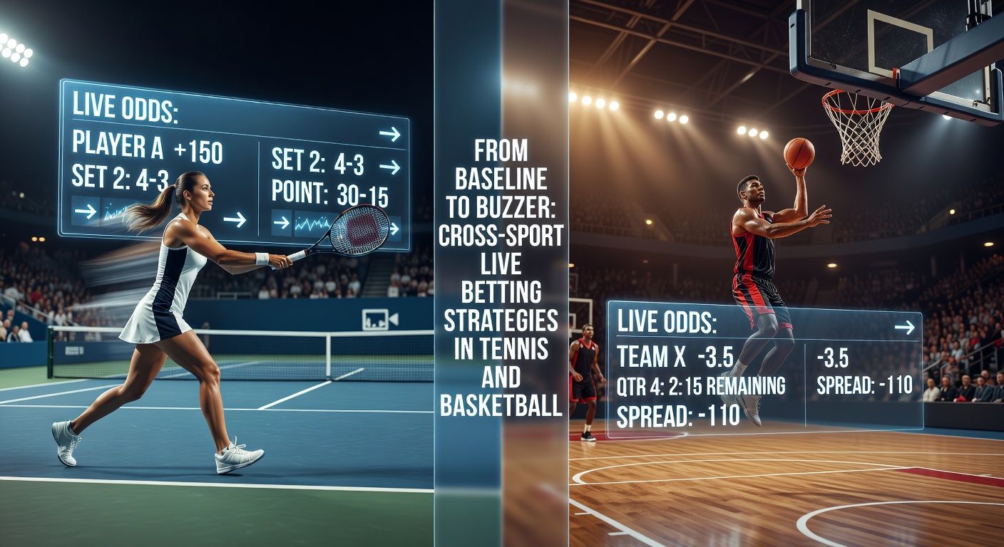 Split-image of a basketball player sinking a three-pointer mid-game next to a tennis rally at net, capturing the intensity of live wagering opportunities in both sports