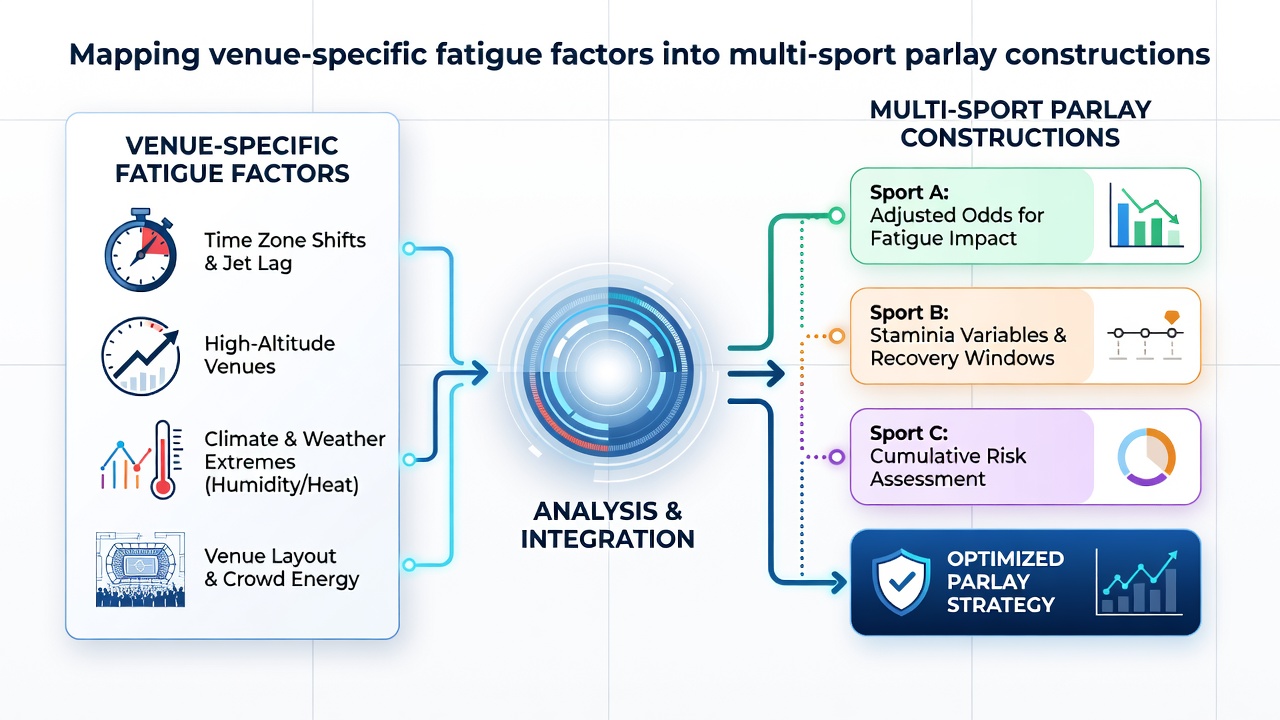 Data visualization of venue fatigue scores applied to sample multi-sport parlay legs including basketball, soccer, and tennis