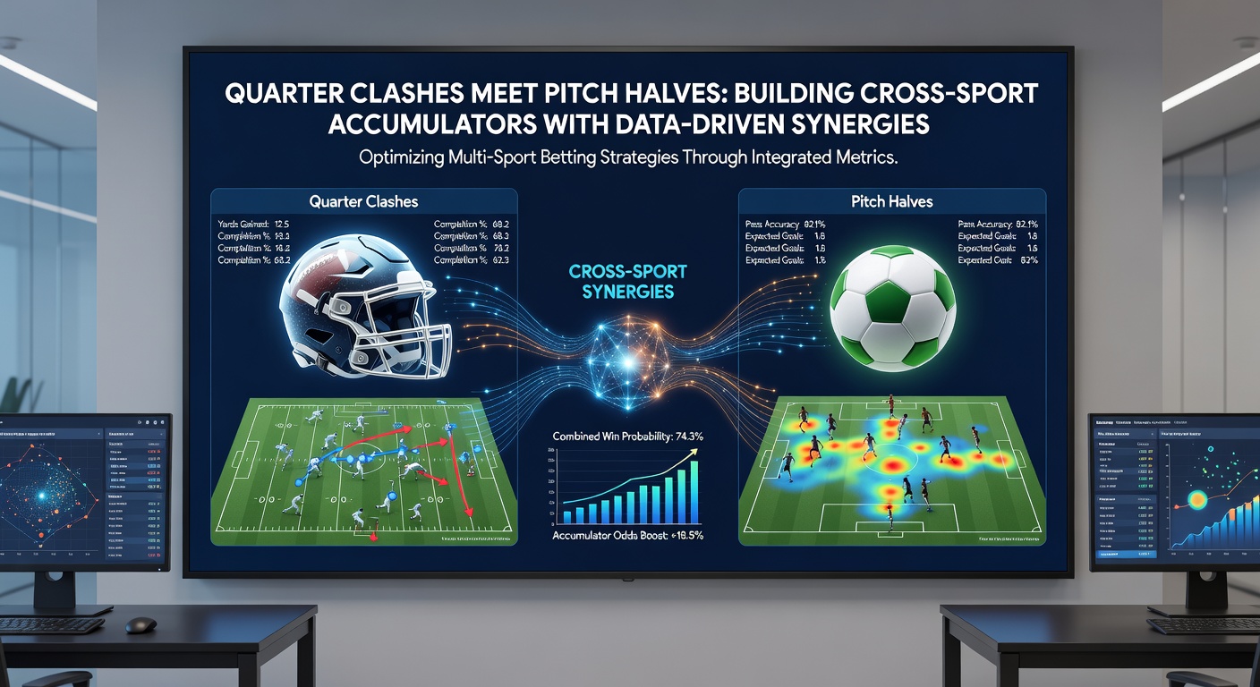 Charts displaying overlaid graphs of NBA quarter scoring trends and soccer half-time goal distributions, illustrating accumulator synergy points