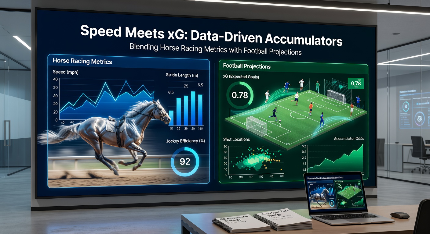 Dashboard screenshot of accumulator builder fusing horse speed ratings and football xG probabilities