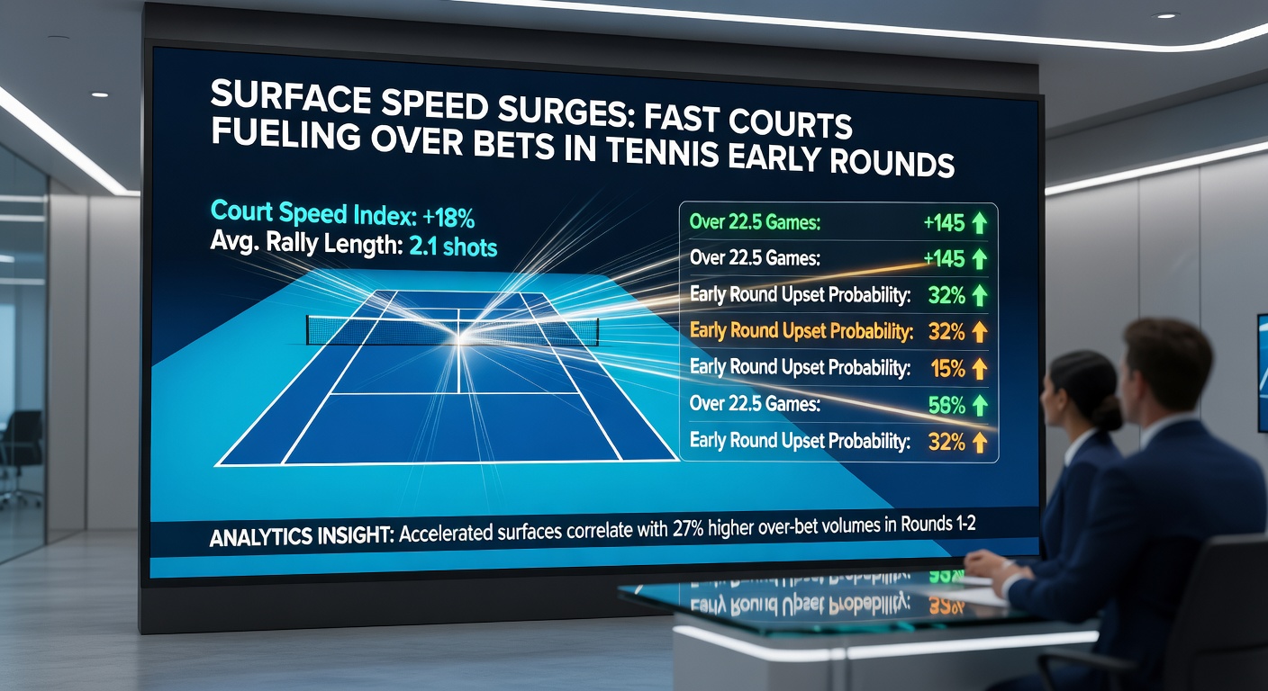 Close-up of a tennis court surface with speed lines indicating rapid ball bounce, overlaid with betting odds charts showing over lines trending upward